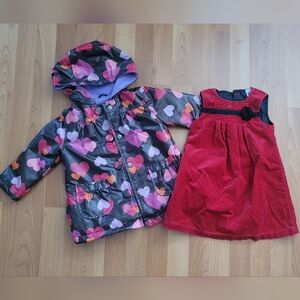Carter's Girls 2T Lot Of Red Velvet Jumper Dress & Brown Raincoat W/heart Print